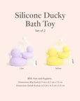 Silicone ducky bath toys in lilac and yellow with product details