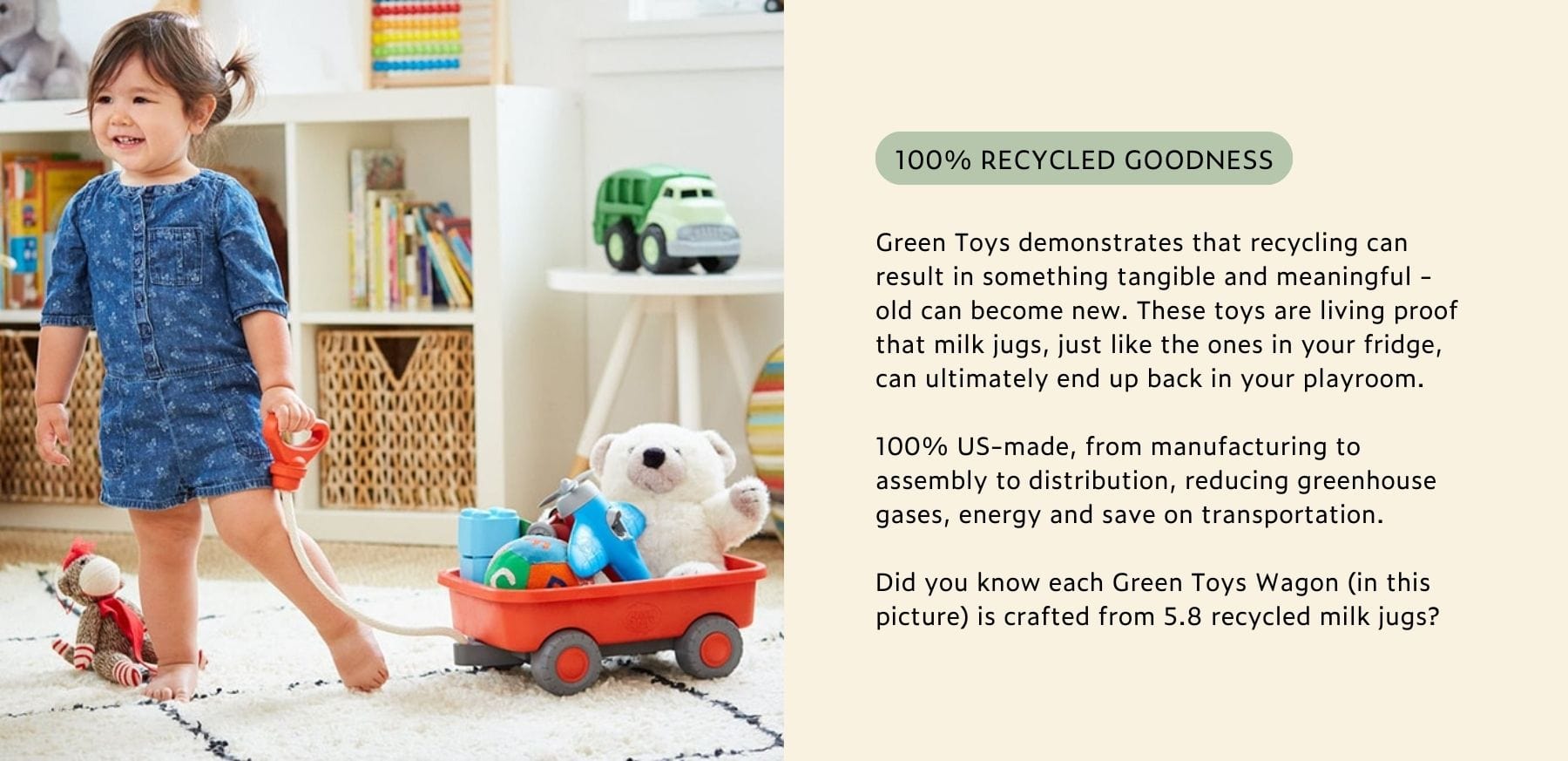 Green Toys recycled wagon & toys, child playing.