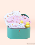 Baby clothing, blanket and bath toys in turquoise gift box