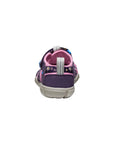 Back view of the Daisies Marina floral sandal, showcasing the sturdy heel pull-loop and the contrast between navy and pink.
