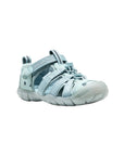 Three-quarter front view of the Ice Blue water sandal highlighting the protective grey rubber toe bumper and secure bungee laces.