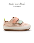 Side view of Tip Toey Joey Landy Sneakers in Papaya Cream / Mint / Flamingo with double velcro straps