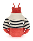 Plush toy lobster with red body, white and black striped shirt on a white background