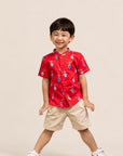 Mandarin-collared Shirt - Red Vases