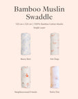 Four bamboo muslin swaddles with different patterns in beary best, hot dogs, neighbourwood friends, rainy day