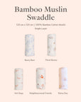 Baby muslin swaddles in beary best, floral bunny, hot dogs neighbourwood friends, rainy days options in 120cm x 120cm, single layer, 100% bamboo cotton muslin