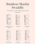 Bamboo Muslin Swaddle in neighbourwood friends, go ducky, hedgehugs, floral bunny, hot dogs and sleepy cats