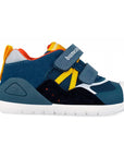 Blue children's sneakers with orange and yellow accents on a white background