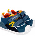 Children's sneakers with blue, orange, and yellow accents on a white background