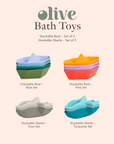 Olive Bath Toys with stackable boat and shark sets on a beige background