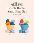olive beach bucket sand play set - 8 piece set comes in peach and turquoise options