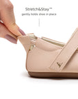 Back view of Tip Toey Joey Roundy Shoes in Papaya Cream / Metallic Salmon showing the Stretch&Stay elastic heel