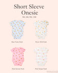 baby onesies with blue trains pooh, picnic with pooh, pink harvest pooh and pink stripes pooh