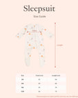 Sleepsuit size guide with measurements for 3m, 6m, 9m, 12m