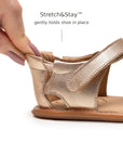 Back view of Tip Toey Joey Starfish Sandals in Metallic Salmon / Rosa Seco / Golden Sugar showing the Stretch&Stay elastic heel