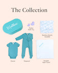 Collection of baby products including onesie, sleepsuit, bath toy, swaddle, and towel on a beige background.