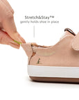 Close-up of the Stretch & Stay elastic heel on the candy dream baby shoe for a secure and easy-on fit.