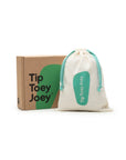 Landy baby sneakers in white and navy blue shown with the Tip Toey Joey gift box and cotton drawstring bag.