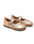 Kids metallic salmon leather Mary Jane shoes with heart cut-outs and a flexible flat rubber sole.
