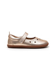 Side profile of the kids metallic salmon Sweetheart Mary Jane showing the ergonomic slim sole design.