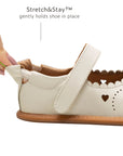 Close-up of the Stretch & Stay elastic heel on the Tapioca baby shoe for a secure, stay-on fit.