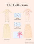 twin collection consist of sleepsuits, organic cotton swaddles, sleeping bags