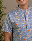 Men's Mandarin-collared Shirt - Blue Lucky Bonsai