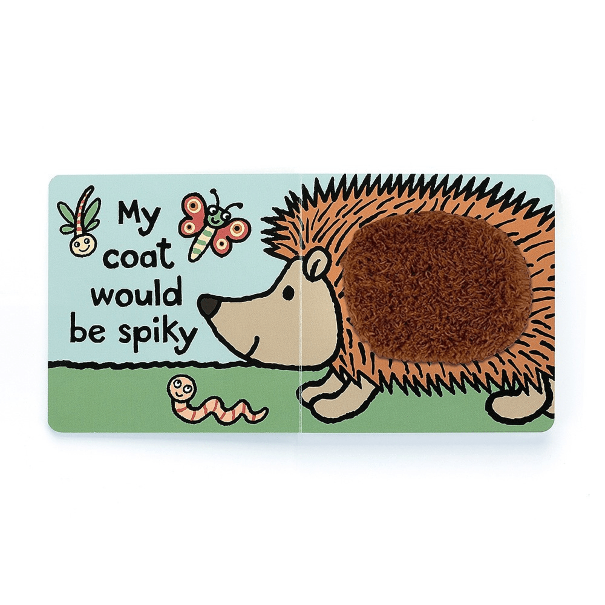 Children's book page with hedgehog and worm.
