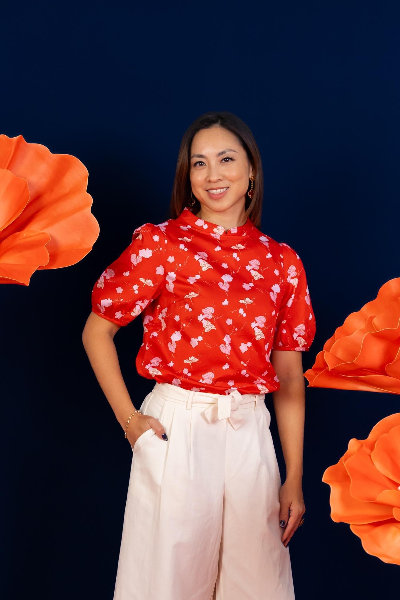 Ladies Nadia Top Red Blossom Lily