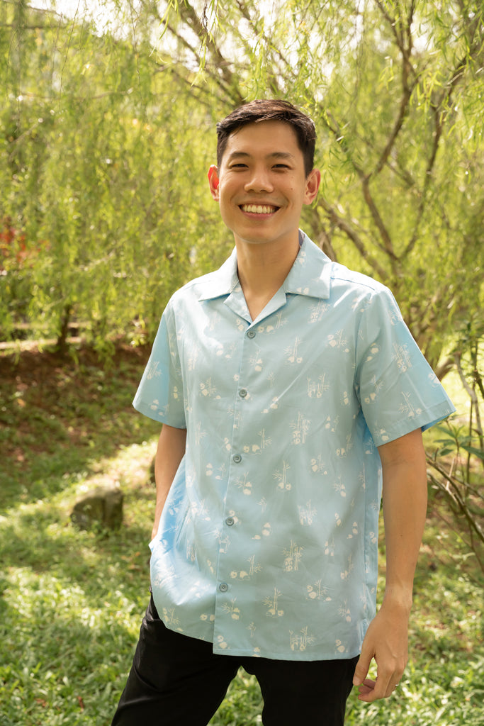 Men's Hawaiian Shirt - Blue Bamboo Pandas | Family Twinning Sets | The Elly Store Singapore