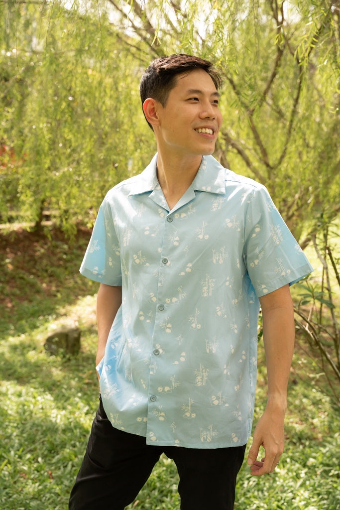 Men's Hawaiian Shirt - Blue Bamboo Pandas | Family Twinning Sets | The Elly Store Singapore