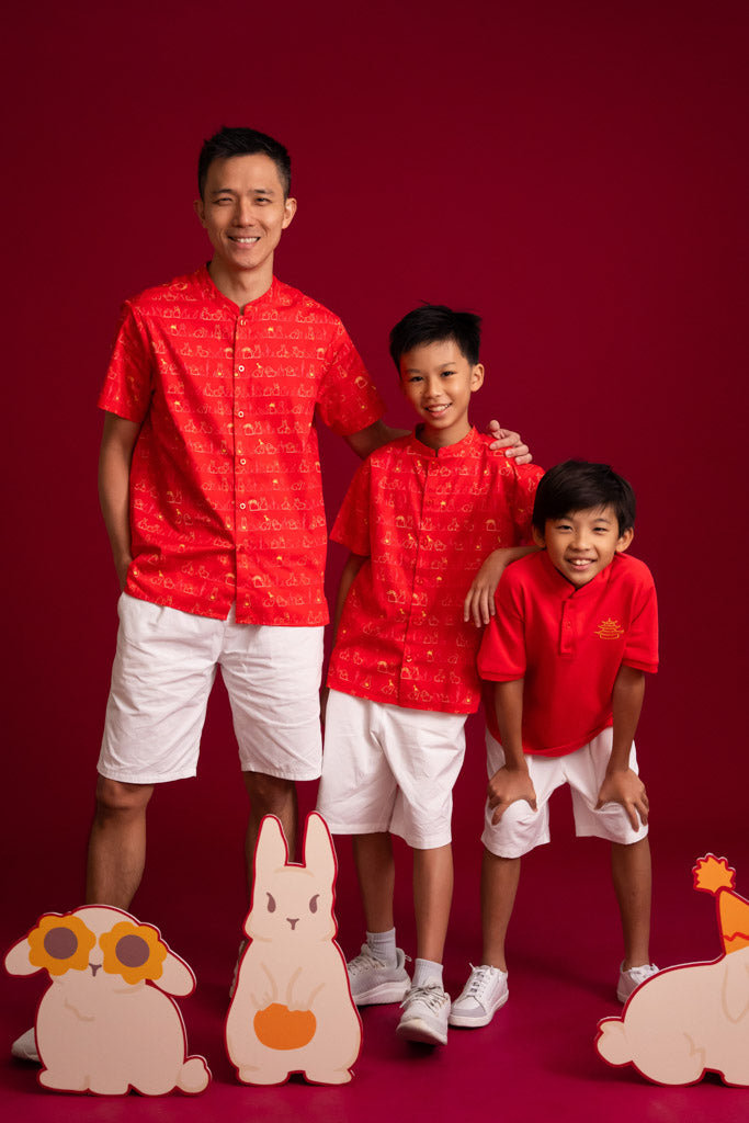Men's Mandarin-collared Shirt - Red Bunnies In A Row | CNY2023 Family Twinning Set | The Elly Store Singapore