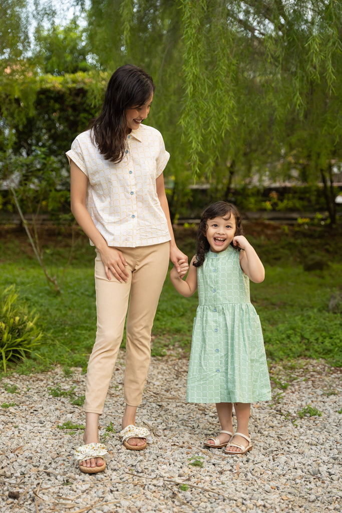 Ladies Sadie Blouse - Cream Bamboo Tiles | Twinning Family Sets | The Elly Store Singapore