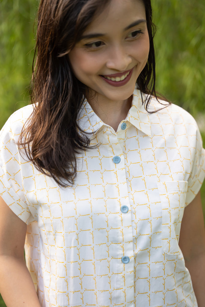 Ladies Sadie Blouse - Cream Bamboo Tiles | Twinning Family Sets | The Elly Store Singapore