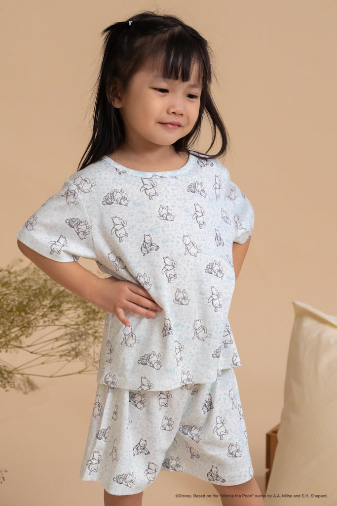 Short-Sleeve Pyjamas Set - Blue Hunny Pooh | Disney x elly Family Pyjamas | The Elly Store Singapore