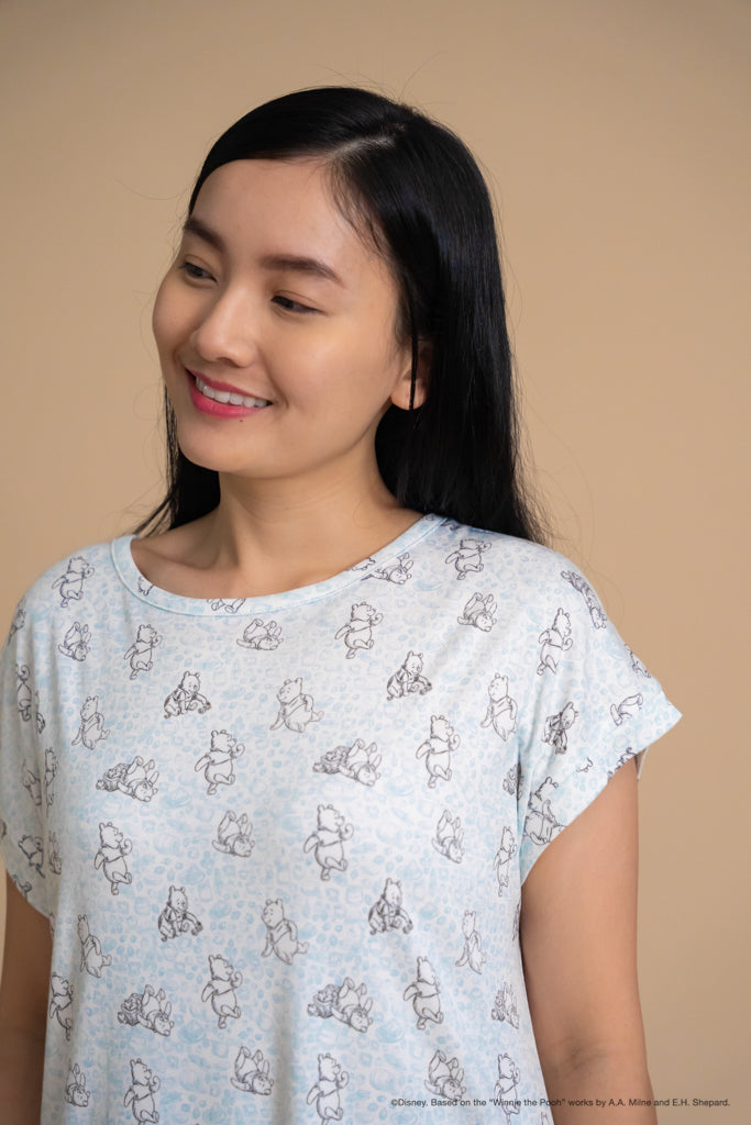 Ladies Nightgown - Blue Hunny Pooh | Twinning Family Pyjamas | The Elly Store Singapore