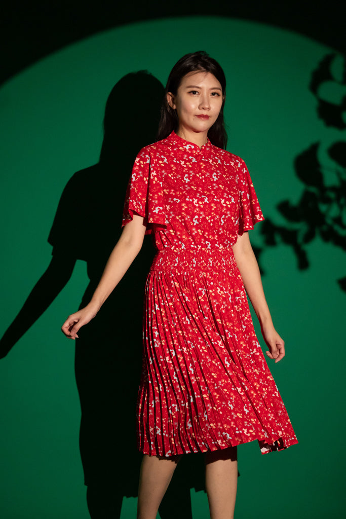 Ladies Pleated Dress - Red Gingkoi | CNY2023 Twinning Family Sets | The Elly Store Singapore