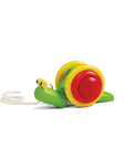 Pull-along snail toy with red and yellow shell