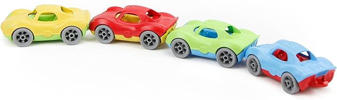 Four colorful toy race cars.