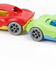 Four colorful toy race cars.