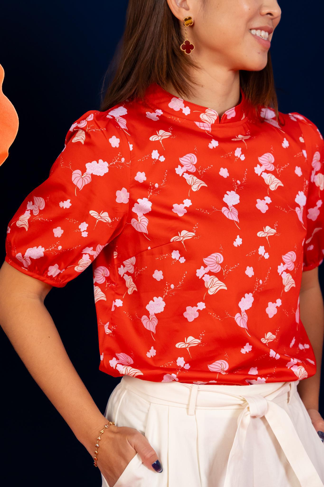 Ladies Nadia Top Red Blossom Lily