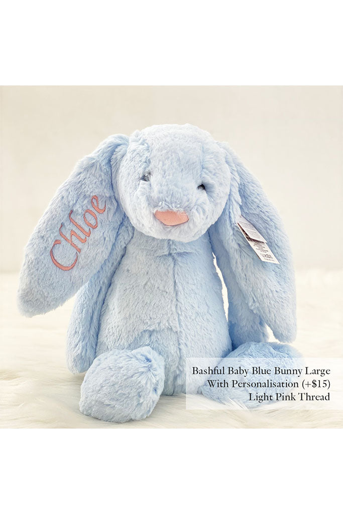 Jellycat Bashful Bunny Baby Blue Large with Light Pink Thread