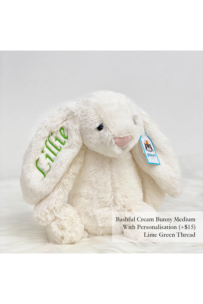 Jellycat Bashful Bunny Cream with Lime Green Thread | The Elly Store