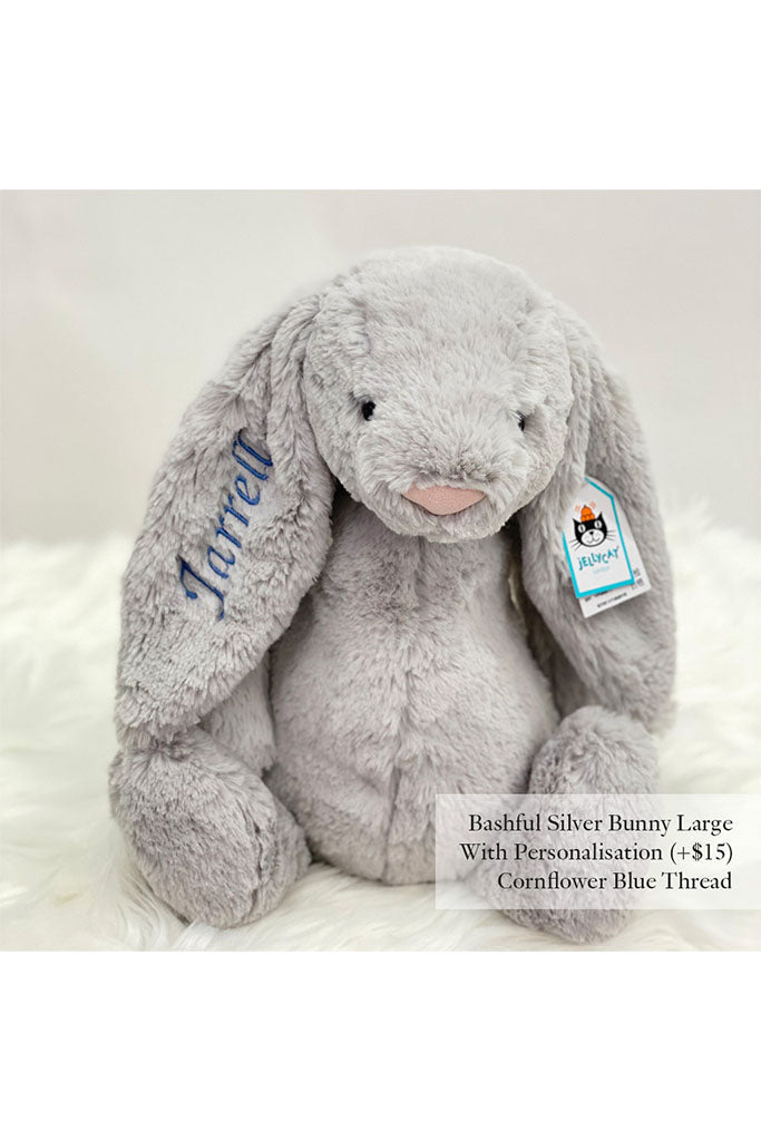 Jellycat Bashful Bunny in Silver Large with Cornflower Blue Thread | Buy Jellycat Singapore Kids Baby Soft Toys at The Elly Store