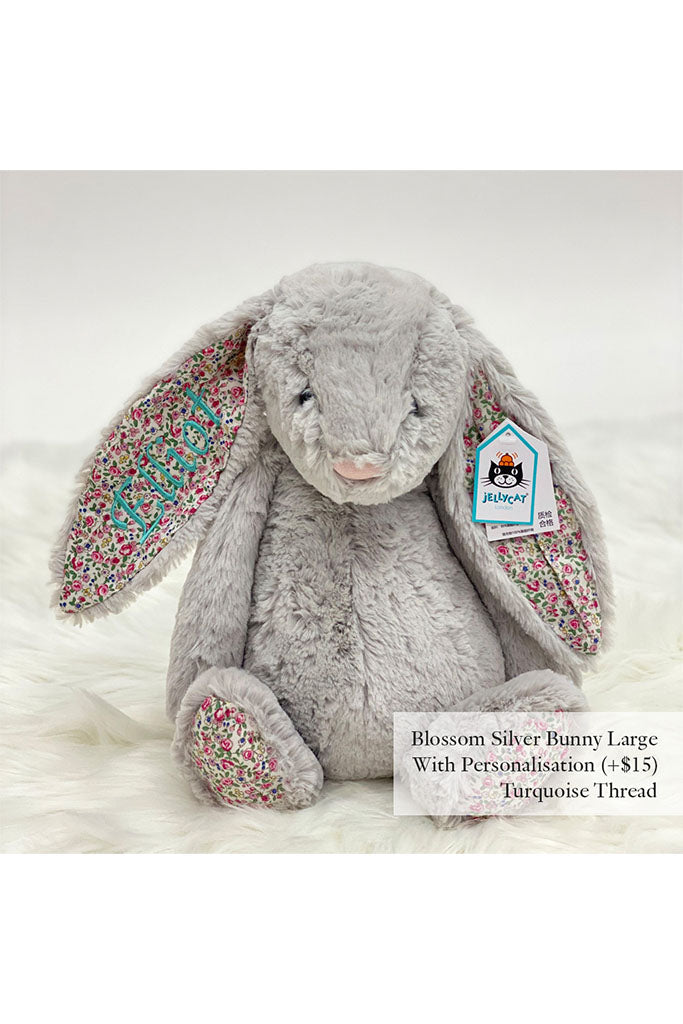 Jellycat Blossom Bunny Plush Toy in Silver with Turquoise Thread | The Elly Store