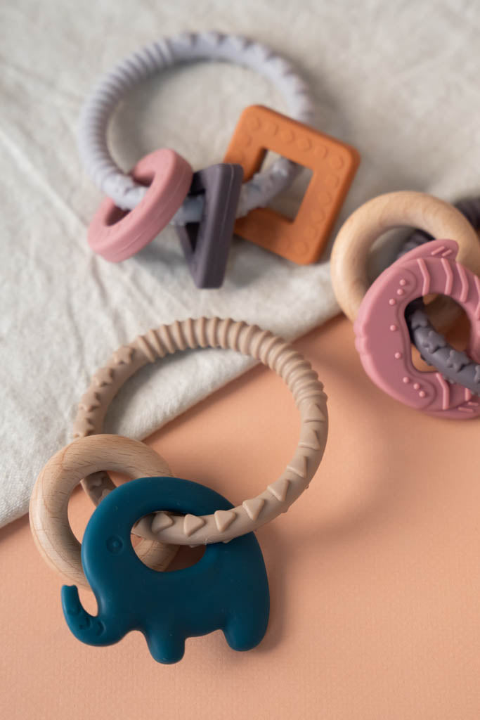 Elephant Teething Ring with wooden ring