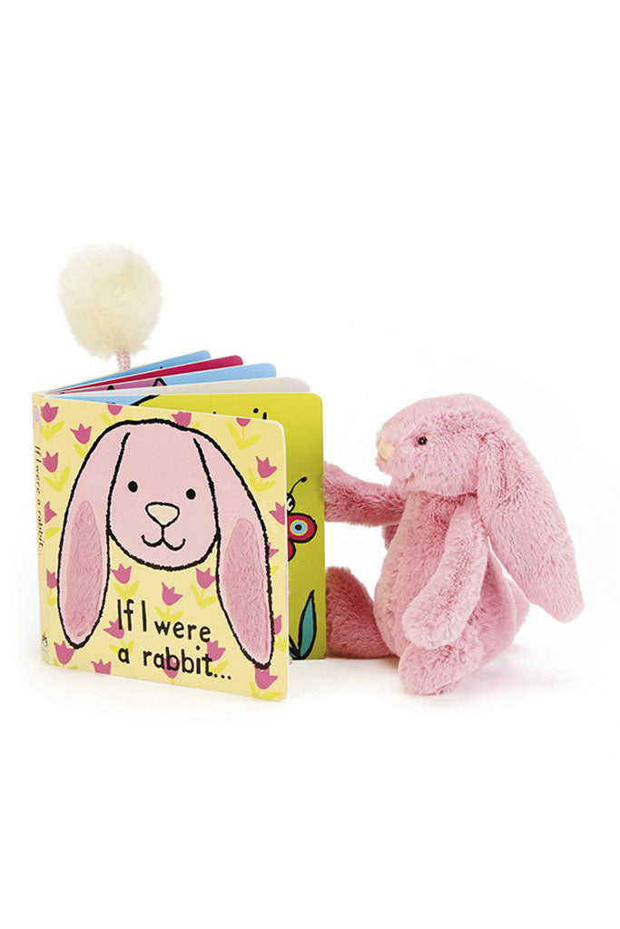 Pink rabbit reading a Jellycat 'If I Were a Rabbit' Board Book in Pink | Buy Jellycat Books online for toddlers early reader at The Elly Store Singapore