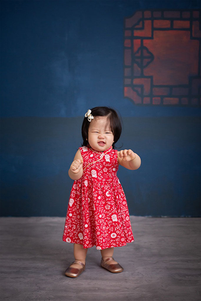 Jersey Flare Cheongsam - Red Lion Flowers | Chinese New Year 2022 | The Elly Store Singapore