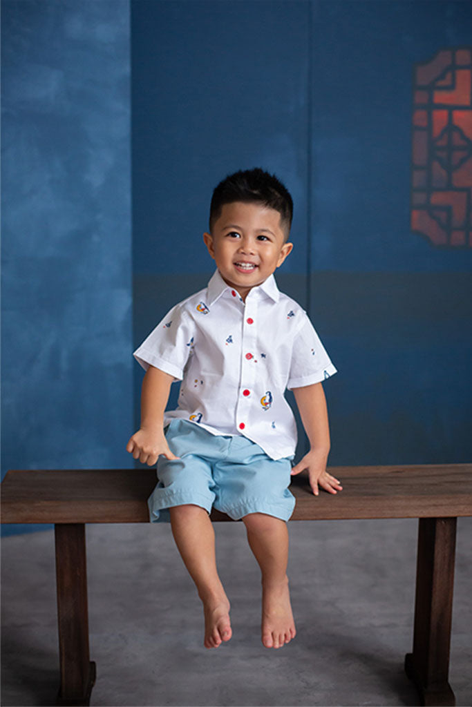 Little Man Shirt - White Beach Day | CNY2022 Boys Shirts | The Elly Store Singapore