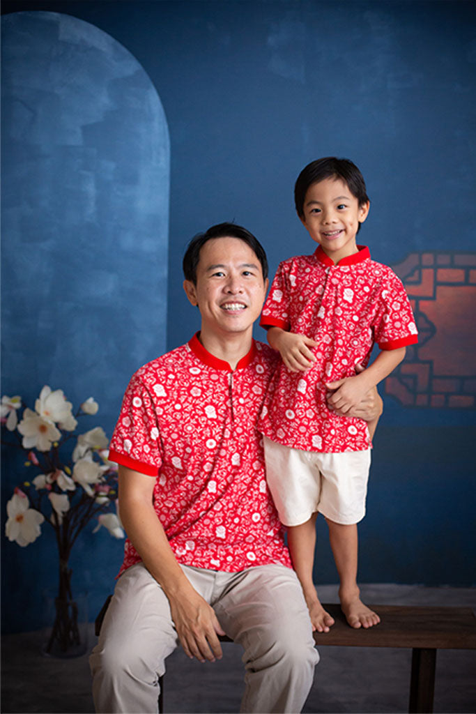 Mandarin-collared Polo Tee - Red Lion Flowers | CNY2022 Twinning Family Set | The Elly Store Singapore